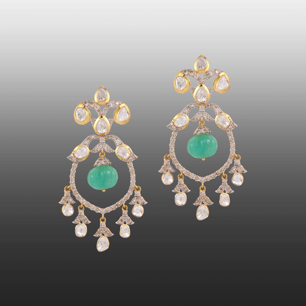 Polki Earring with Carved Emerald Melon Drop
